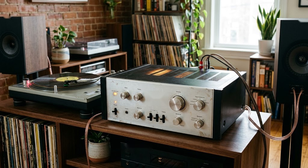 An integrated amplifier on a wooden shelf between two bookshelf speakers, with a record deck beside it