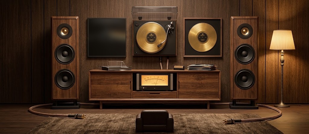 A listening room with two walnut floorstanding loudspeakers, a turntable on the wall, an amplifier on a walnut sideboard and a lamp