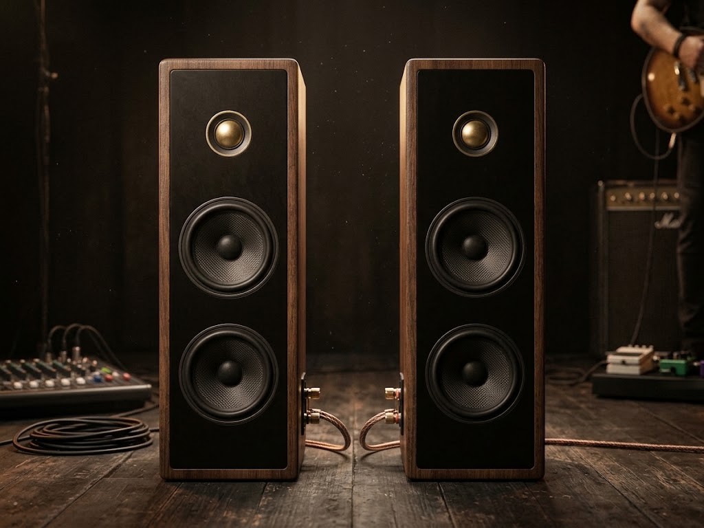 A pair of walnut floorstanding loudspeakers on a wooden stage floor