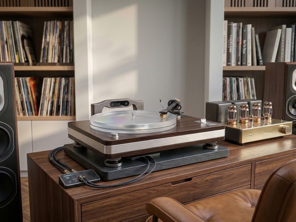 A walnut and aluminium turntable with a glass platter on a sideboard, beside a valve amplifier and bookshelves of records